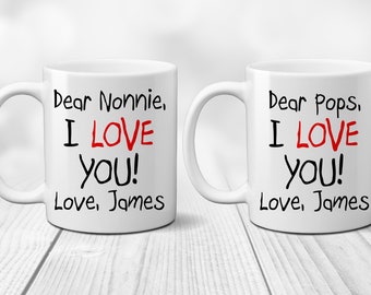I love you Coffee Mugs Set. Dear Nonnie and Pops. Custom. Gift from Grandchild. Child Text. Gift for New Grandparents. We Love You Note