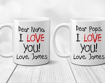 I love you Coffee Mugs Set. Dear Nana and Pops Custom. Gift from Grandchild. Child Text. Thinking of You. Social Distancing. Stay Home