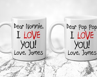 I love you Coffee Mugs Set. Dear Nonnie and Pop Pop. Custom. Gift from Grandchild. Child Text. Gift for New Grandparents. We Love You Note