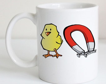 Funny Coffee Mug - Chick Magnet - Tea Cup, Humorous Gift for Coffee Lover, Husband Boyfriend Present, Office Gag Gift, Red and Yellow Color