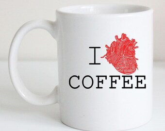 I Heart Coffee- Funny Coffee Mug, Humorous Tea Cup, Doctor Gift, Anatomy Art, Unique Gift for Coffee Lover, Black and Red Modern Design