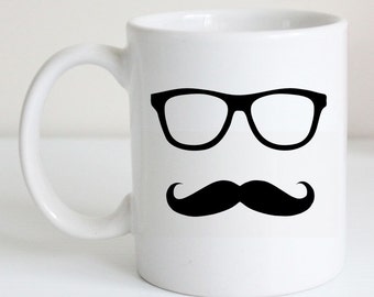 Funny Glasses and Mustache Coffee Mug - Geek Chic, Hipster Coffee Cup, Humorous Tea Cup, Black and White Modern Decor, Gag Gift for Him