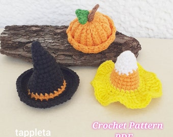 Halloween hoeden mini haakpatroon, mini heksenhoed, mini candy corn hoed, pompoenhoed voor amigurimi pop, haak halloween ornament decor