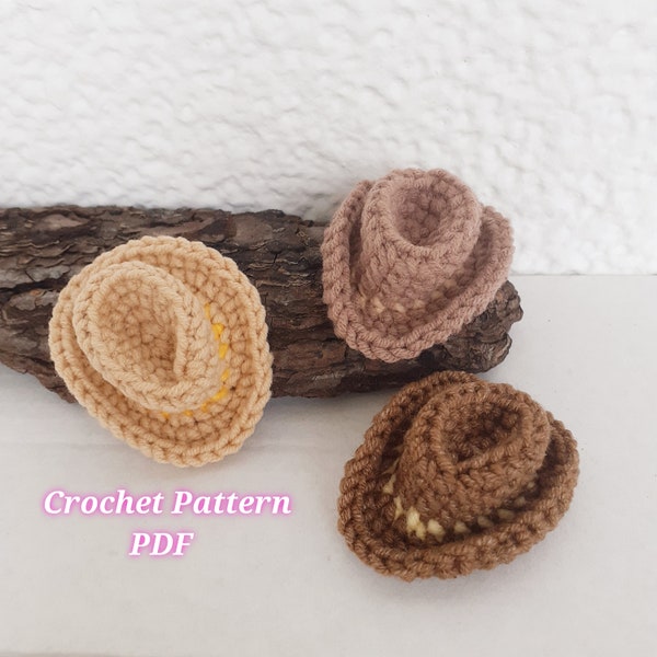 cowboy hat crochet pattern, mini cowboy hat, cowgirl hat pink, small hat for amigurimi doll, crochet pattern pdf, no sew pattern