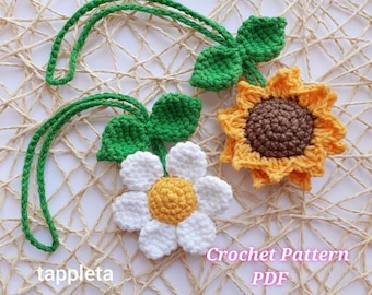 Daisy and Sunflower charm crochet pattern, Crochet daisy rear view mirror car charm, Crochet flowers car decoration, bag charm accessories
