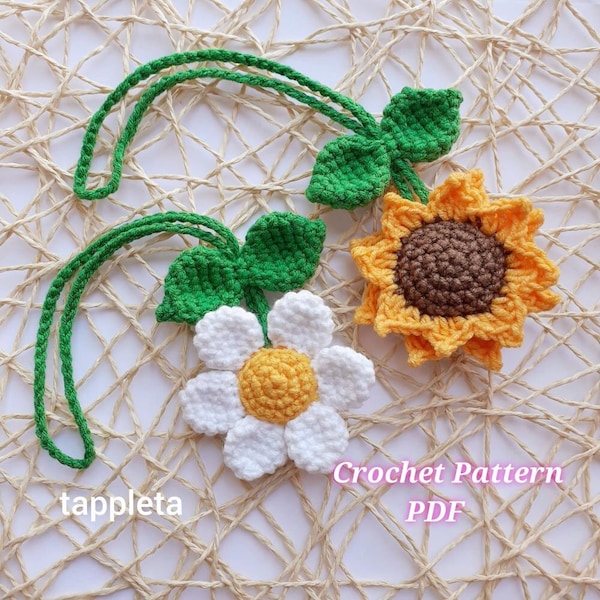 Daisy and Sunflower charm crochet pattern, Crochet daisy rear view mirror car charm, Crochet flowers car decoration, bag charm accessories