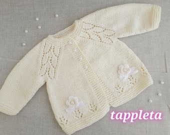 ivory cardigan baby girl, hand knittrd baptism sweater for girls, christening cardigan white, baby sweater white, pink cardigan flowers