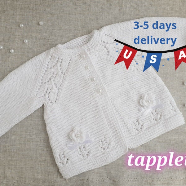 white baby cardigan, baptism bow sweater girl, babygirl clothes, christening cardigan, baby sweater white, pink cardigan, baptismal clothes