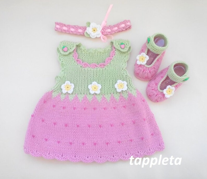 knitted tunic babyshower gift newborn outfit strawberry dress baby photoshoot pink Strawberry baby girl costume booties and headband