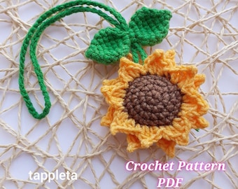 Sunflower charm crochet pattern, Crochet sunflower rear view mirror car charm, Crochet flower car decoration pattern, fall charm accessories