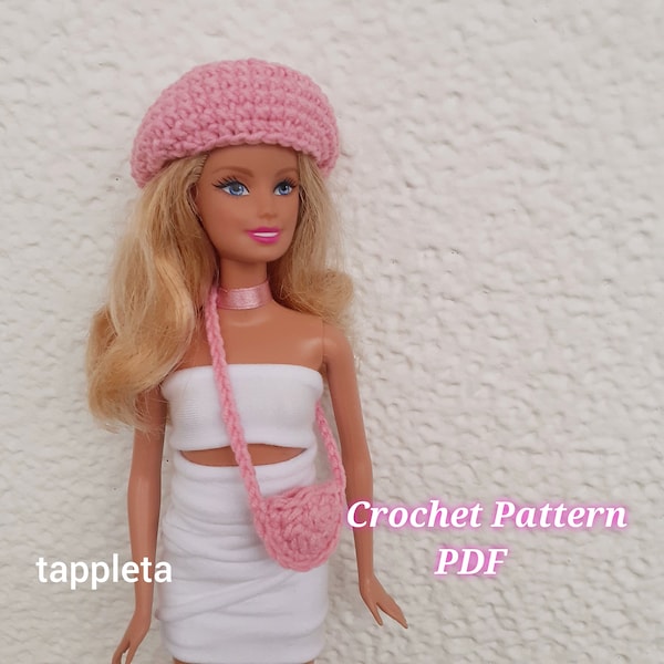 pink beret and crossbody bag crochet pattern, 11,5" doll pink beret hat, small crochet bag crochet pattern pdf, real world doll clothes pink