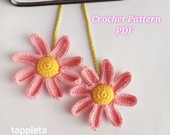 Pink flowers crochet car hanger pattern, Crochet daisy rearview mirror charm, Flowers car decor pattern, Hanging car crochet accessories