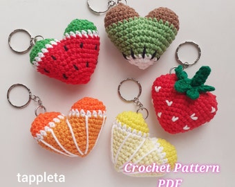 Fruit and Berry hearts keychains crochet pattern, Valentines crochet 5 in 1, Amigurumi berry crochet pattern keychain,  Matching keychain