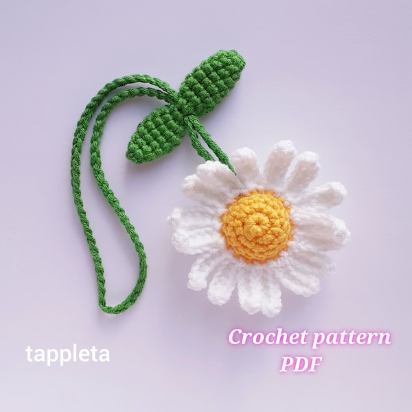 Chamomile flower car hanging crochet pattern, Crochet daisy rearview mirror car charm, Flowers car decoration pattern, Bag charm accessories