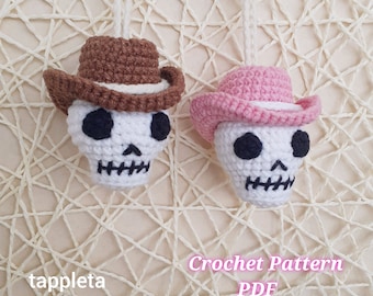 Cowboy Skull charm crochet pattern, Car hanging cowboy skull, Halloween ornaments, Small skull cowboy hat crochet Halloween skull decoration