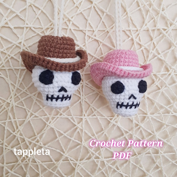 Cowboy Skull charm crochet pattern, Car hanging cowboy skull, Halloween ornaments, Small skull cowboy hat crochet Halloween skull decoration