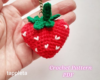 Strawberry heart crochet pattern, Strawberry keychain, amigurumi strawberry keychain, Love strawberry bag charm, Shopkins keychain crochet