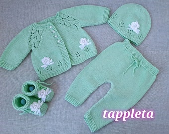 mint baby girl outfit, hand knitted sweater set, pants hat socks, newborn girl cardigan, baby girl coming home outfit handmade clothing baby
