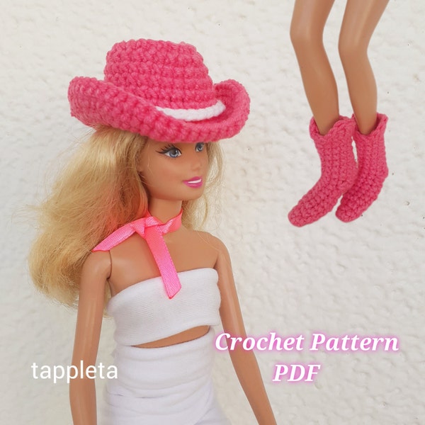 cowgirl hat and boots crochet pattern, 11.5" doll pink cowboy hat, small cowgirl hat pink, small cowboy boots crochet for doll western style