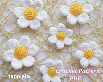 Daisy flowers 2 sizes crochet pattern, Amigurumi daisy flowers applique, Crochet summer flowers pattern, Mother day flowers, Daisy garland