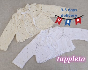 bolero baby, baby girl baptism sweater, christening cardigan with lace bow, white bolero, ivory bolero, pink sweater, baptism bolero sweater