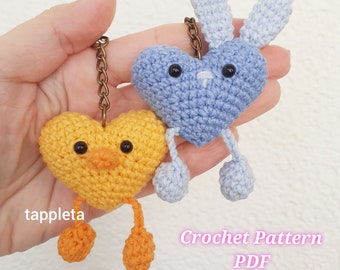 Crochet Heart Chick and Heart Bunny keychain pattern, crochet chicken pattern keychain, Bunny keychain single crochet Easter pattern