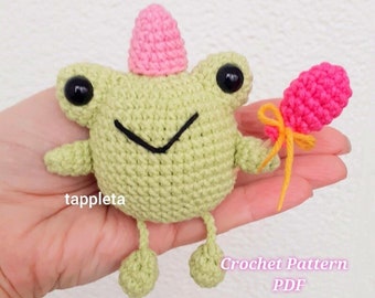 Birthday frog, Leggy frog crochet pattern pdf, Amigurumi frog with balloon and hat pattern, chubby frog