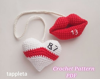 Heart 87 and Red lips 13 charm crochet pattern, Rear view mirror car charm for swiftie, Taylor and Travis love car hanging Valentine crochet