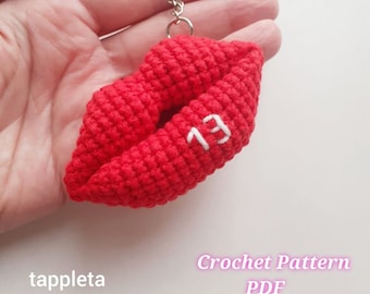 Red lips lucky 13 Crochet pattern, Crochet lips keychain for swiftie, Swiftie lips charm bag crochet