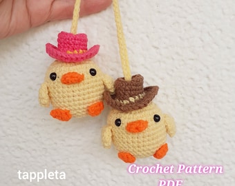 Cowboy duckling crochet pattern pdf, Amigurumi baby duck with cowgirl hat mini crochet, car hanger duck crochet, duck car rear view charm
