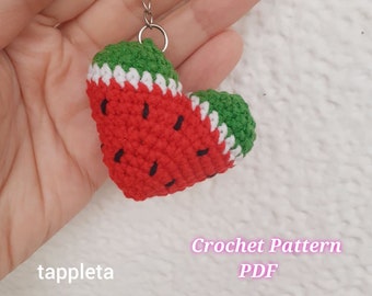 Watermelon heart crochet pattern, Watermelon keychain pattern, Amigurumi keychain, Crochet watermelon heart bag charm, Watermelon ornament