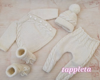 coming home outfit baby boy winter, knitted newborn sweater set, pants hat and booties, wool merino newborn clothes ivory, hospital outfit