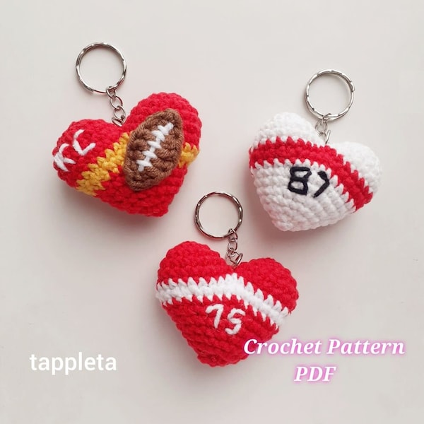 Football Valentines heart keychain crochet pattern, Crochet hearts Kansas city football charm, Fooball lowers heart keychains