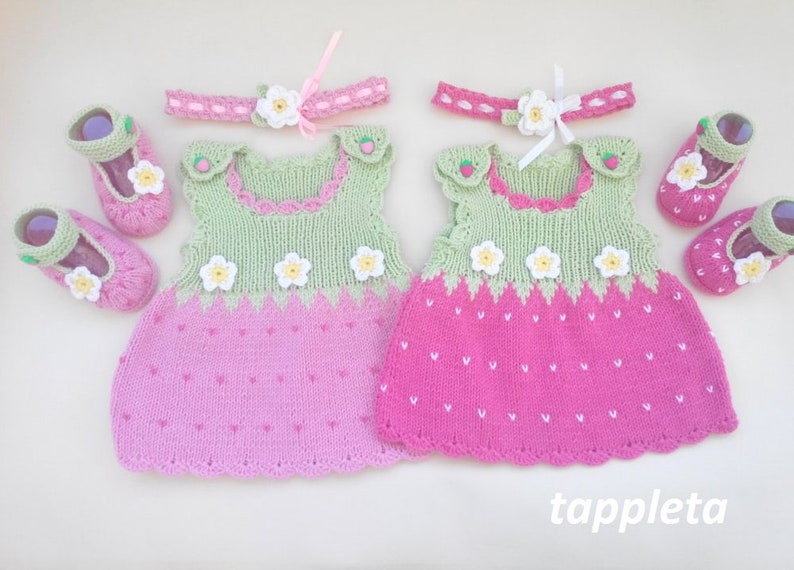 knitted tunic babyshower gift newborn outfit strawberry dress baby photoshoot pink Strawberry baby girl costume booties and headband
