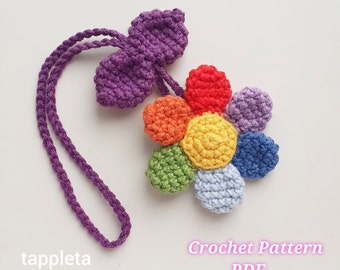 Rainbow Daisy charm crochet pattern, Crochet rear view mirror car hanger, Pride month flowers car decoration pattern Bag charm crochet daisy