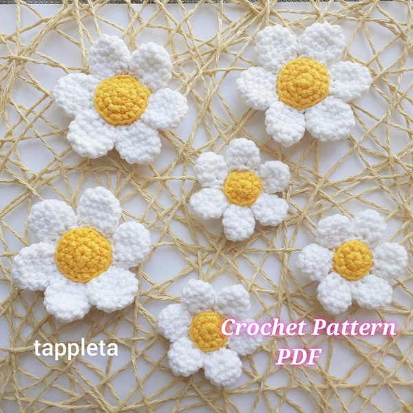 Daisy flowers 2 sizes crochet pattern, Amigurumi daisy flowers aplique, Crochet summer flowers pattern, Mother day flowers, daisy garland