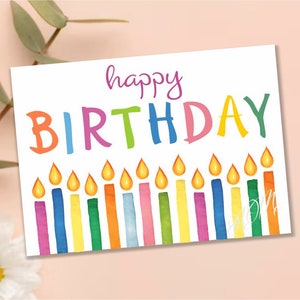 Impressão de cartão de aniversário 7"x5" Cartão de felicitações de feliz aniversário para impressão Cartões de comemoração Cartão de presente de aniversário Impressão digital Velas arco-íris aquarela