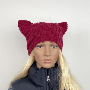 Brat Cat Hat Beanie Cat Ears Hat, PINK Pussycat Hat Cat Lady Pussyhat Project Hat Feminist Hat Hand Knit