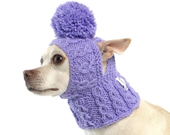 Hand Knit Small Dog Snood, Acrylic Pom Pom Hat with Ear Holes