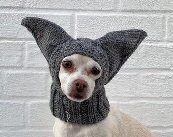 Bat Ears SMALL Dog Hat Winter Snood Hood, Green Alien Dog Balaclava Ear Neck warmer Dog Costume Hat Chihuahua Custom Dog Dad Mom Gift