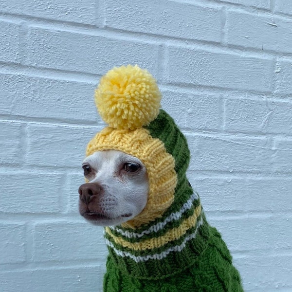 SMALL DOG Hat Team Sports Costume Winter Snood Hood, Hand Knit Balaclava Dog Hat Chihuahua Green Bay Football Dog Hat Dad Gift Fathers Day