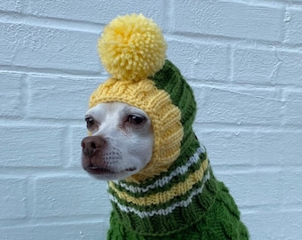 SMALL DOG Hat Team Sports Costume Winter Snood Hood, Hand Knit Balaclava Dog Hat Chihuahua Green Bay Football Dog Hat Dad Gift Fathers Day