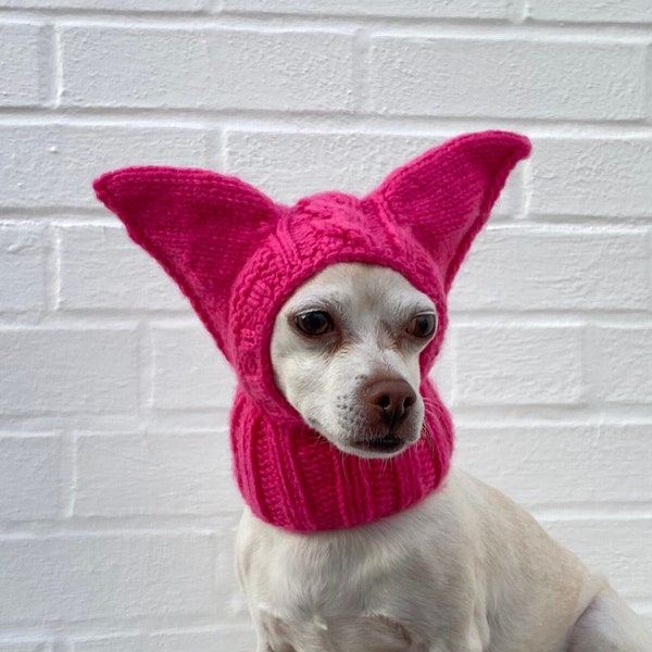 Raspberry PINK Bat Ears SMALL Dog Hat Winter Snood Hood, Balaclava Dog Hat Ears Neck warmer, dog costume Valentines Day Hat Chihuahua Gift