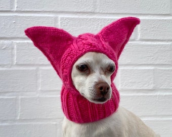 SMALL Dog Hat with Ears Raspberry PINK Warm Winter Snood Hood, Balaclava Dog Hat Ear Neck warmer, dog costume Chihuahua Halloween Pet Gift
