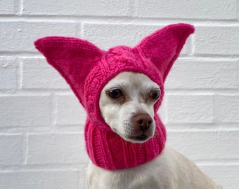 Frambuesa PINK Orejas de murciélago PEQUEÑO Sombrero de perro Capucha de redecilla de invierno, Pasamontañas Sombrero de perro Orejas Calentador de cuello, traje de perro Sombrero de San Valentín Regalo de chihuahua