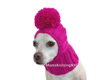 PINK Small DOG Balaclava Winter Hat Snood Hood, Valentines Day Dog Hat Gift pompom cute, Chihuahua Dog Hat Clothes Costume Gift Mom Dad Dog