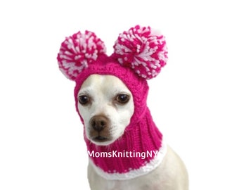 PINK SMALL Dog Pom Pom Winter Hat Snood Hood, Chihuahua Hat, Dachshund Hat TWO Pom Pom Balaclava Dog Hat, Valentines Day Dog Costume Gift