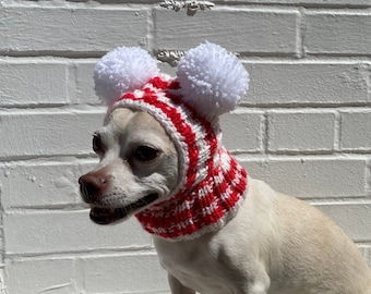 Valentine SMALL Dog Hat Pom Pom Winter Snood Balaclava Hood, Chihuahua Beanie Dachshund Ear Neck warmer Dog Hat Valentine Dog Costume Gift