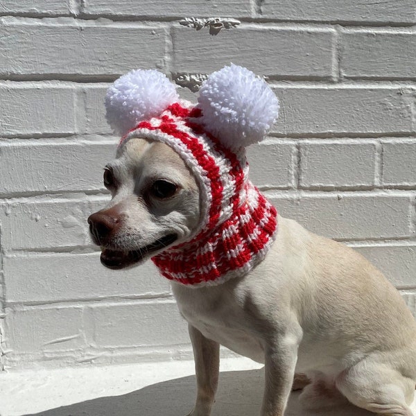 Valentine SMALL Dog Hat Pom Pom Winter Snood Balaclava Hood, Chihuahua Beanie Dachshund Ear Neck warmer Dog Hat Valentine Dog Costume Gift