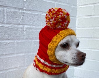 SMALL DOG Hat Kansas City Chiefs Fan Gift Winter Dog Beanie Cowl Snood Hood, Padres Día Perro Sombrero Traje Fútbol Regalo para Perro Papá Mamá